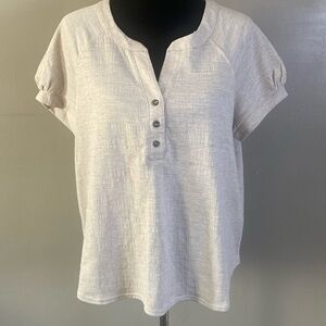 Jane & Delancey Women’s Split Button V-Neck Short Puff Sleeve Top Sz L NWT